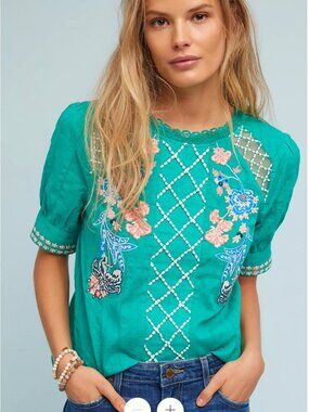 NWOT Maeve Anthropologie Perennial Green Embroidered Folk Top Blouse Size 4